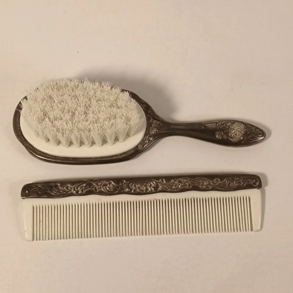 Vintage Silver Plated Ornate Floral Hair Brush And Comb Vanity Set